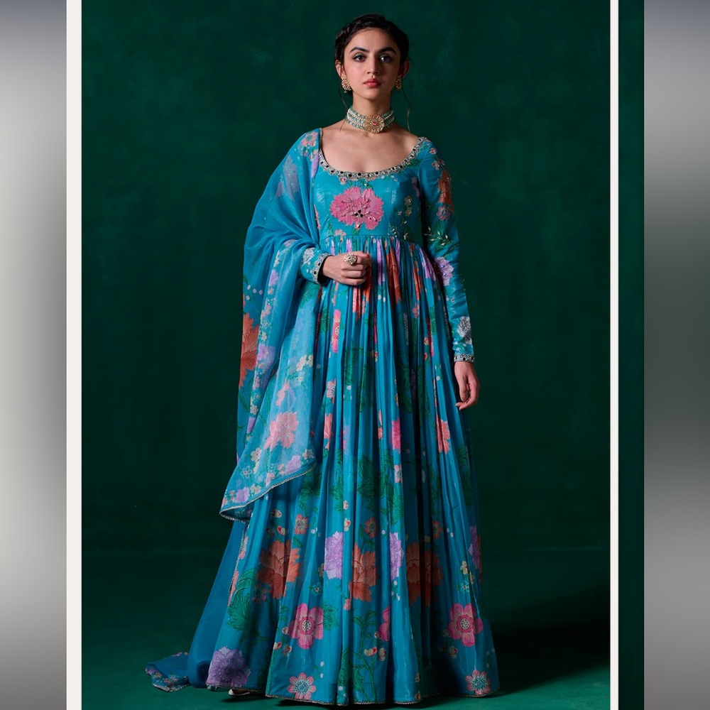 New- Teal Multicolor Floral Printed Anarkali set